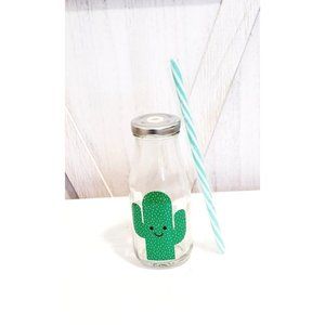 BNIB Sass & Belle Happy Cactus Mini Glass Milk Bottle & Straw